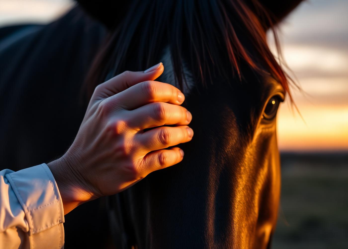 Veterinário a cuidar de um cavalo ao entardecer